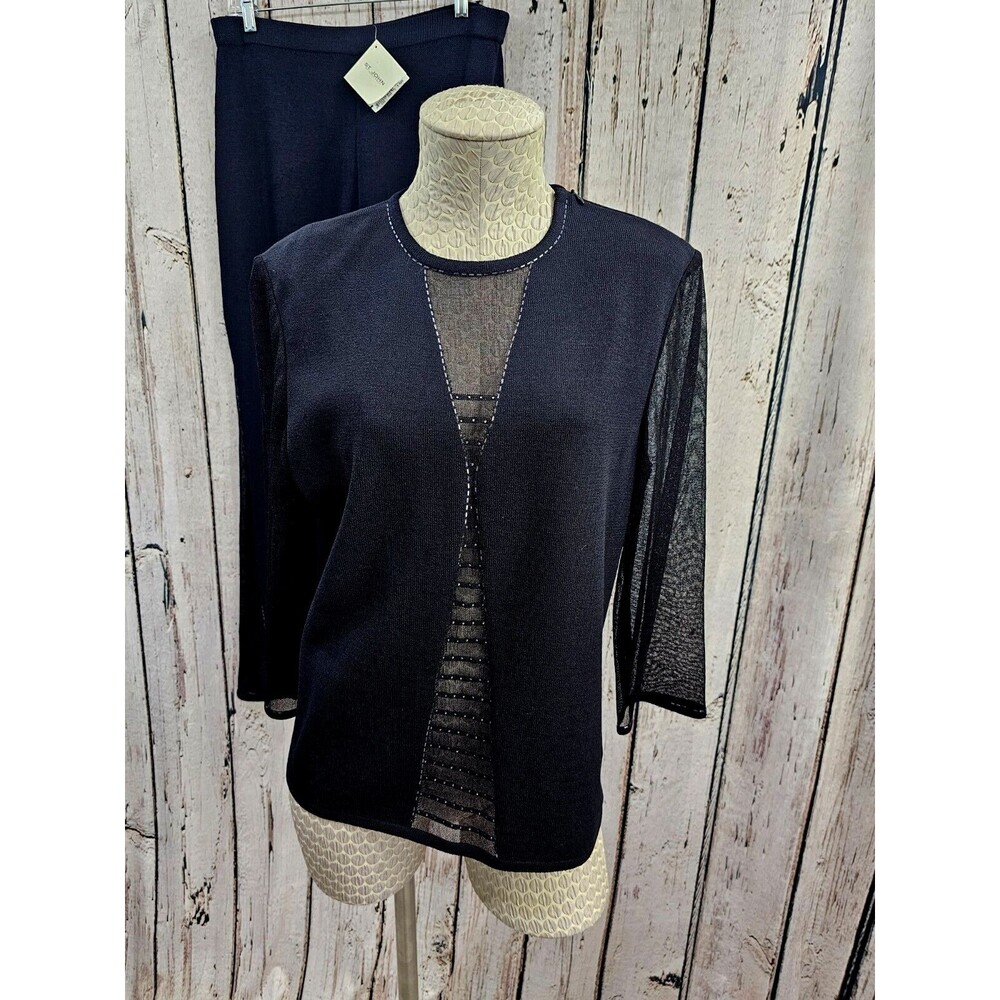 St. John 12 Evening Sequin Sheer Sleeve Top Knit Pants Set Designer $1100 EUC